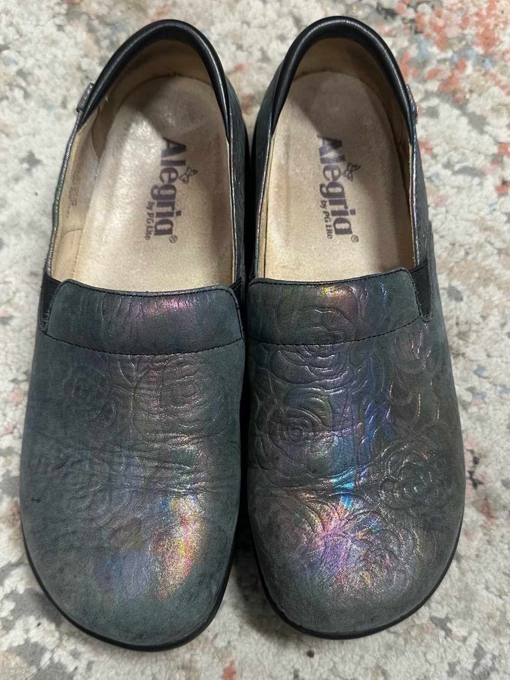 Alegria Iridescent Rose-Embossed Slip-On Clogs in Dark Metallic